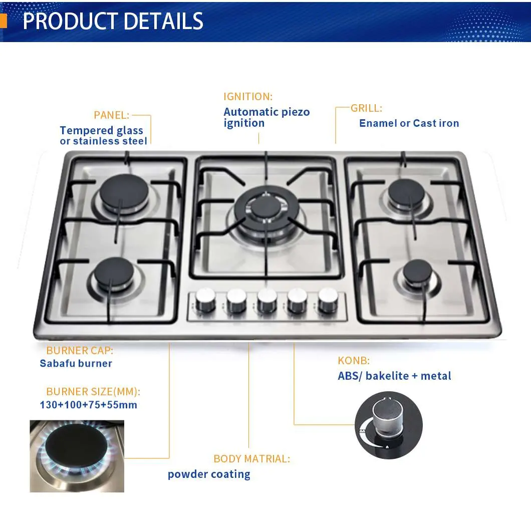 Stainless Steel Built in Panel 5 Burners Cooktop Stove Gas Hob