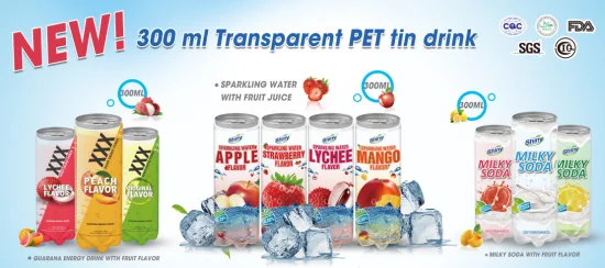 300 ml d'eau pétillante de boisson gazeuse transparente en étain pour animaux de compagnie avec jus de fruits