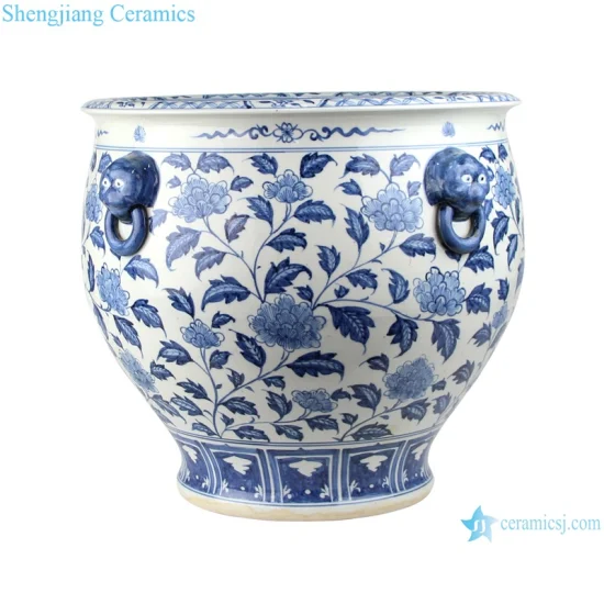 Chine Jingdezhen Bleu et Blanc Fishbowl Porcelaine Planteur avec Tête de Lion Maison Jardin En Céramique Pot De Fleur Étang À Poissons