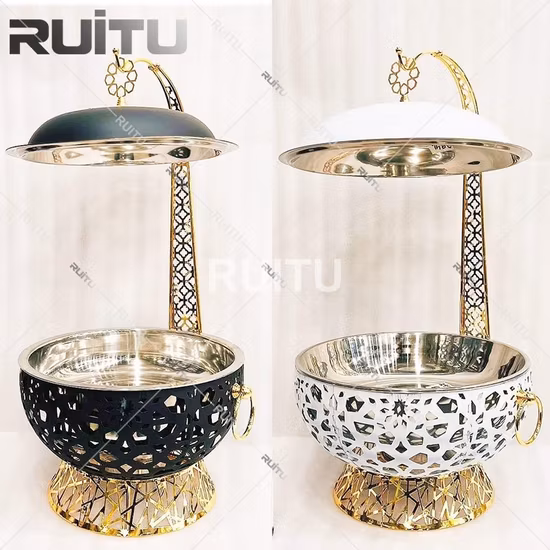 Grande Capacité Ronde Fleur D'or Décoratif Diamant Cristal Suspendu Type Alcool Chafing Dish Buffet Ensemble avec Crochet Couvercle En Verre Doré Alimentaire Chaud Buffet Poêle